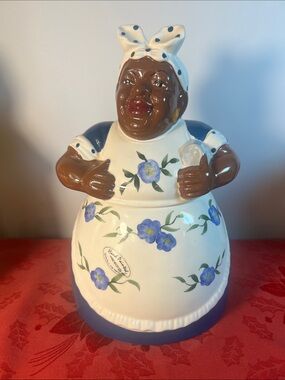 Vintage Hand-Painted Ceramic Southern Lady Cookie Jar in Blue and Cream